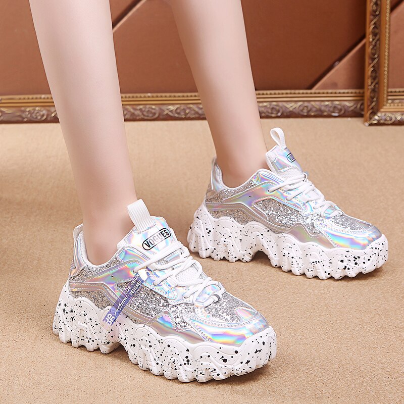 Glaring Tennis Shoes- White Chunky Glitter – The Silver Strawberry